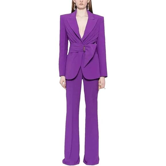 Women's Waistband Slim Fit Blazer Suit Pants Set 2Pcs in Purple, Size S